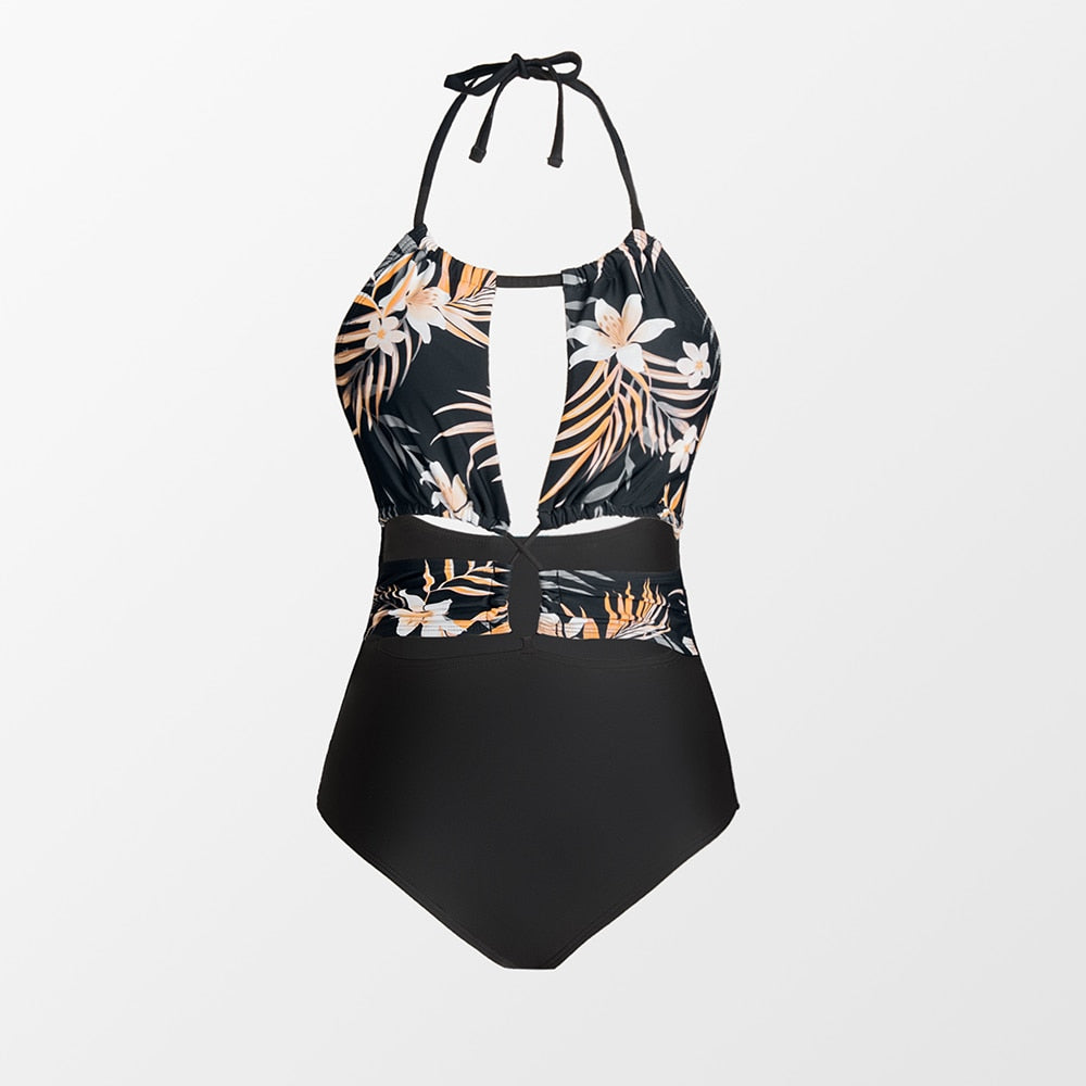 Cut Out Halter One-Piece Swimsuit Black Floral Sexy Backless Monokini Swimwear Bathing Suit Beachwear The Clothing Company Sydney