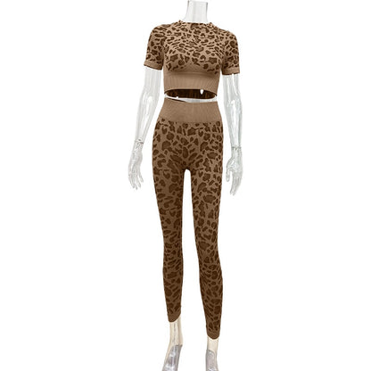 2 Piece Seamless Yoga Suit Women Fitness Suits Leopard Print Short Sleeve Crop Top Tight Hip Lift Pants Yoga Set  Women Sport Suits The Clothing Company Sydney