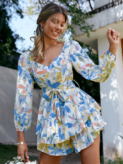 Holiday sash long sleeve ruffle print romper summer Lace up floral short overall A-line v-neck beach rompers The Clothing Company Sydney