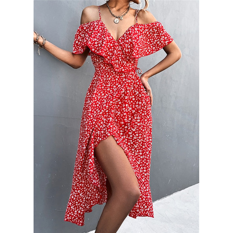 Summer Straps Midi Dress Beach Casual Party Off Shoulder Slim Ruffles Floral Print Dresses The Clothing Company Sydney