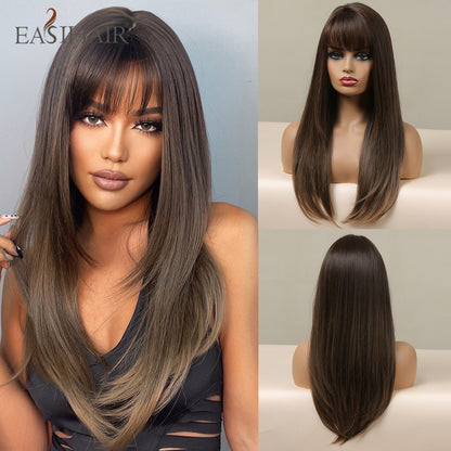 Brown Straight Synthetic Wigs with Bangs Natural Layered Hair Wigs for Women Daily Cosplay Party Heat Resistant Wigs The Clothing Company Sydney