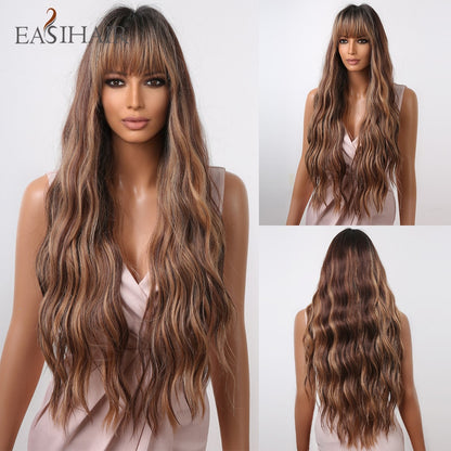 Brown Mixed Blonde Synthetic Wigs with Bang Long Natural Wavy Hair Wig for Women Daily Cosplay Use Heat Resistant Wigs The Clothing Company Sydney