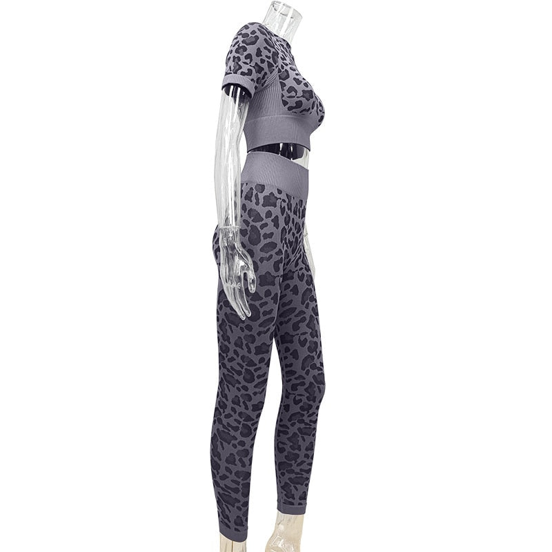 2 Piece Seamless Yoga Suit Women Fitness Suits Leopard Print Short Sleeve Crop Top Tight Hip Lift Pants Yoga Set  Women Sport Suits The Clothing Company Sydney