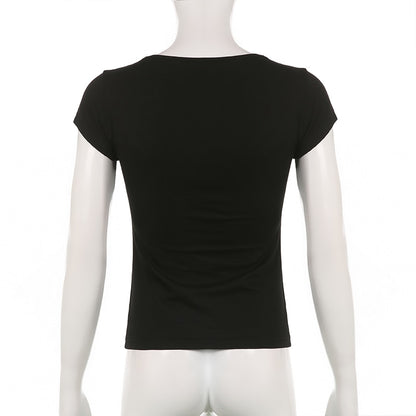 Y2K Cross Crop Top Folds Black Square Collar T Shirt Short Sleeve Square Collar Cute Chic Tee Grunge Tee Retro Top The Clothing Company Sydney