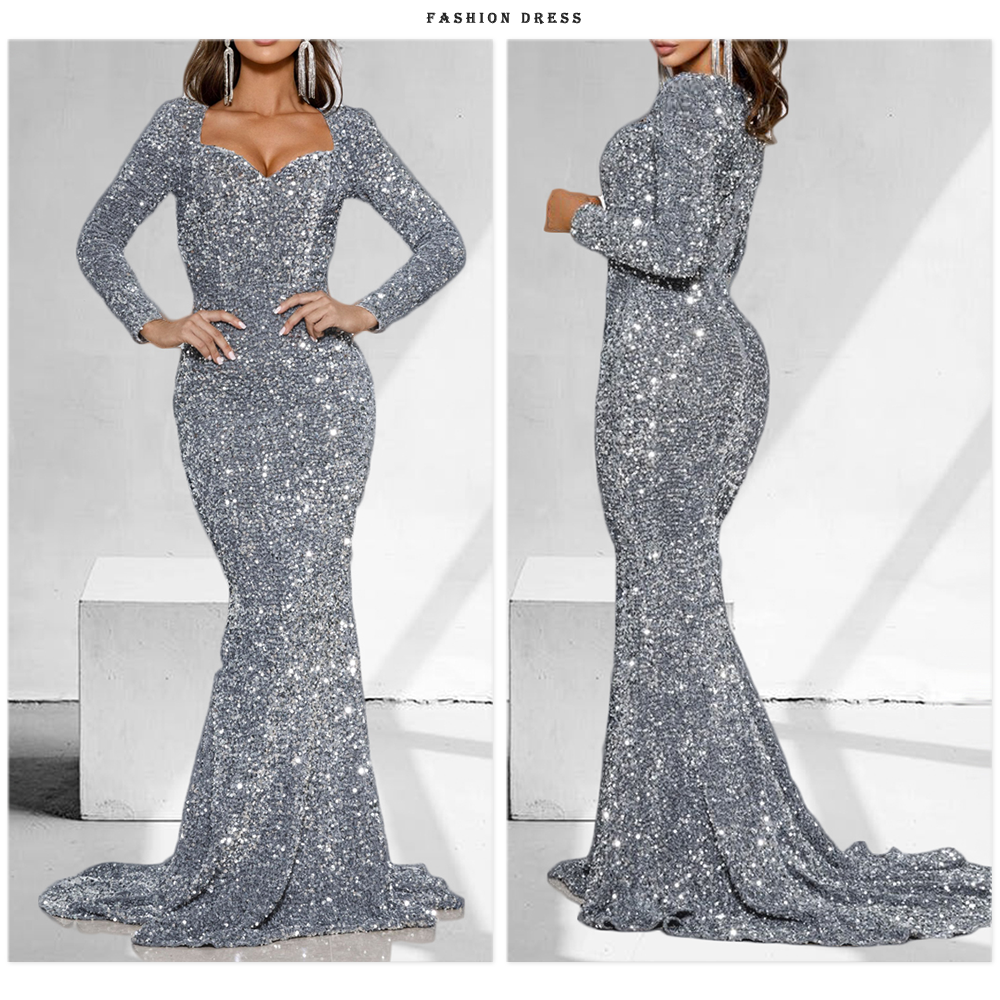 Luxury Long Sleeve Evening Gown Sequin Stretchy Velvet V Neck Mermaid Prom Floor Length Formal Cocktail Dress The Clothing Company Sydney