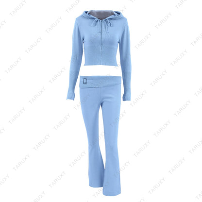 Women's Spring Outfits Casual Zipper Sweater Hoodie Set High Waist Flare Pants Suits Pink Knitted Y2k Two Piece Set The Clothing Company Sydney