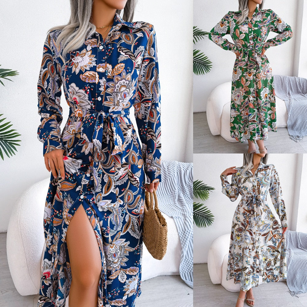 Spring Summer Retro Floral Collar Long Sleeve Tie Up Shirt Dress For Ladies Fashion All Match Print Dresses The Clothing Company Sydney