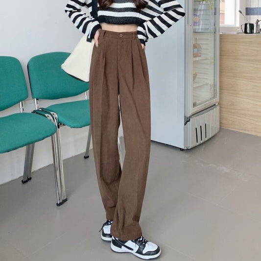 High Waist Women's Retro Corduroy Pants Fall Straight Causal Full Length Trousers Vintage Coffee Pockets All Match Pants The Clothing Company Sydney