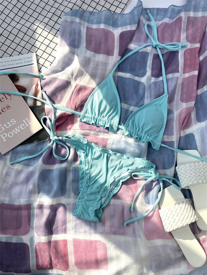 Ruffle Hem Triangle Bikini Swimsuit Two Piece Swimwear Textured Bikini Set Summer Beach Bathing Suit The Clothing Company Sydney