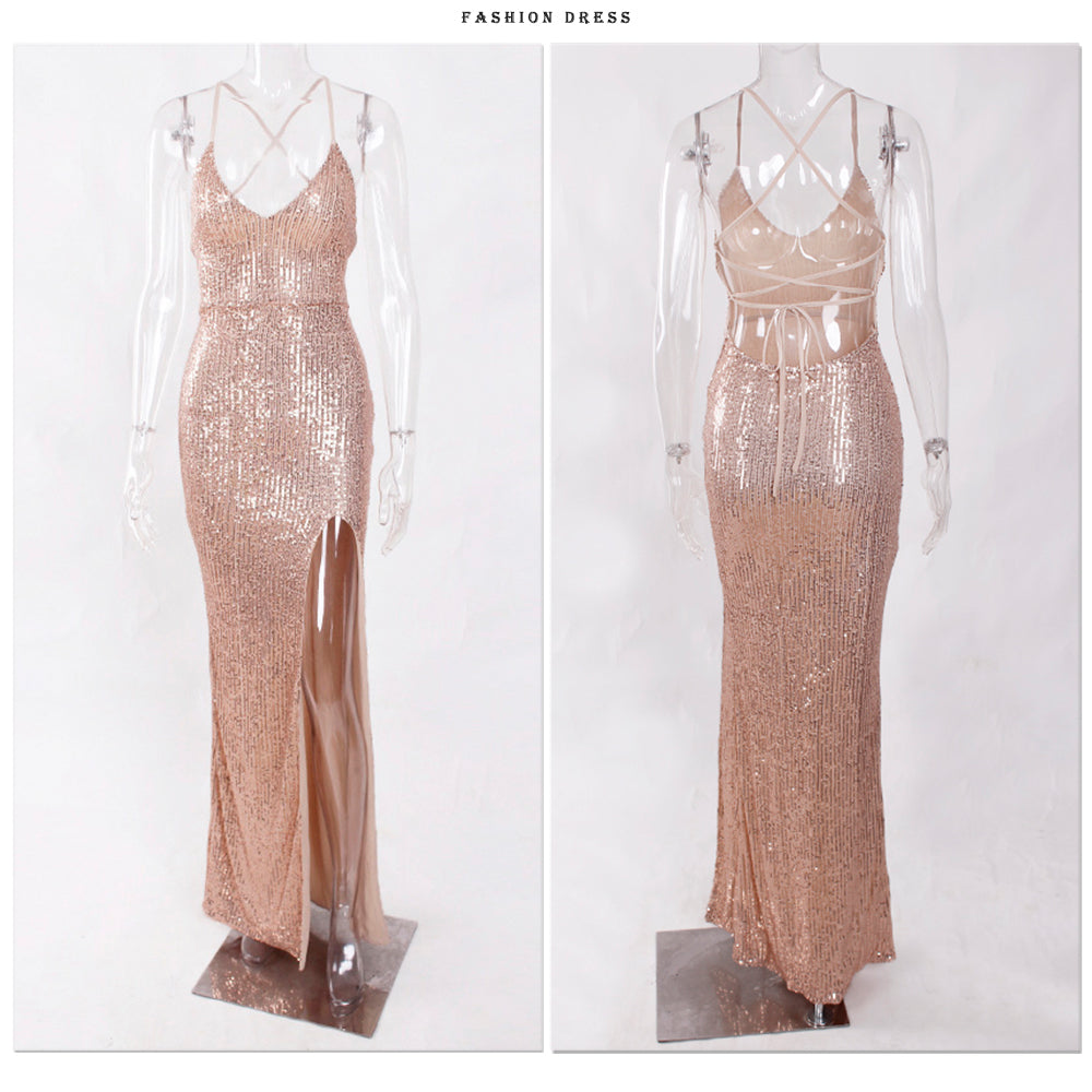 Sexy V Neck Lace Up Sequined Cocktail Party Dress Backless Split Leg Sleeveless Summer Long Dresses Evening Wedding Gown The Clothing Company Sydney