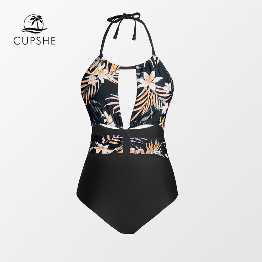 Cut Out Halter One-Piece Swimsuit Black Floral Sexy Backless Monokini Swimwear Bathing Suit Beachwear The Clothing Company Sydney