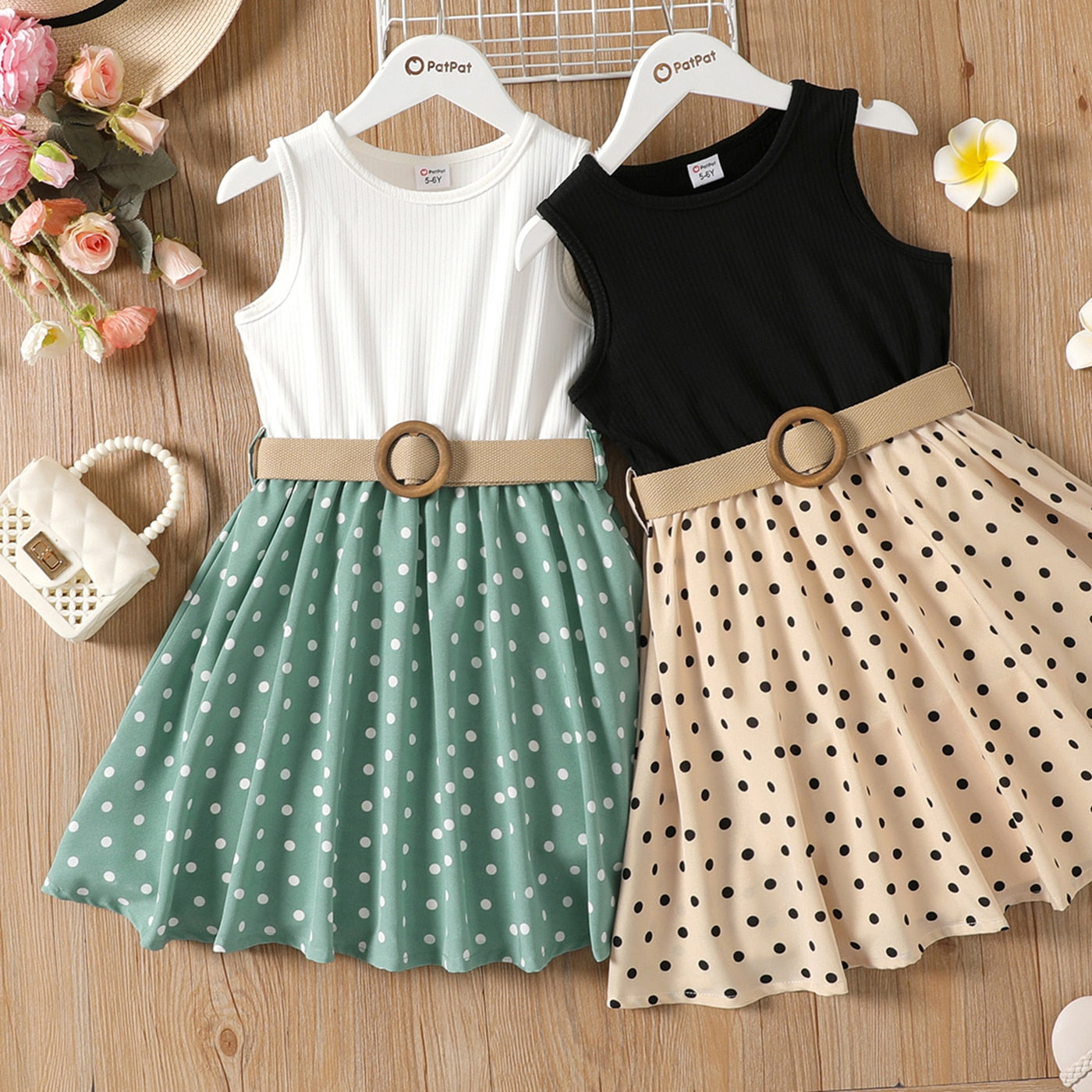 2 Piece Girl Dresses Kids Clothes Girl  Polka Dots Ribbed Girls Splice Sleeveless Dress & Belt The Clothing Company Sydney