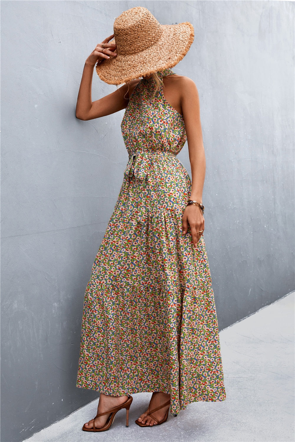 Summer Holiday Flower Printed Folds Blue Dress Beach Casual Neck-mounted Bandage Elegant Party Long Dress The Clothing Company Sydney