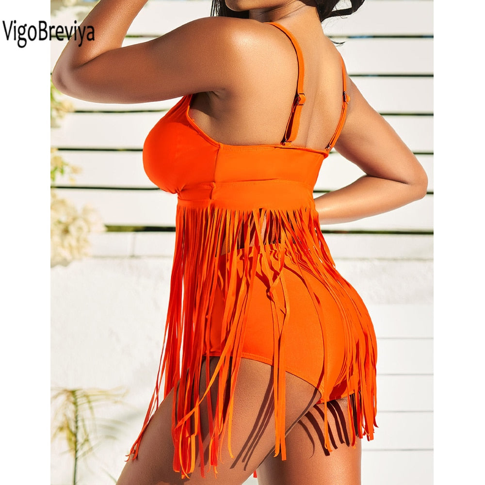 Solid V Neck Strapped Tassel Swimwear High Waist Bikini Push UP Swimsuit Summer Beack Bathing Suit The Clothing Company Sydney