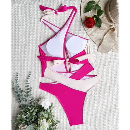 Cut Out Swimsuit One Piece Colorblock Swimwear Wrap Halter Monokini High Cut Bathing Suit Bodysuit Beachwear The Clothing Company Sydney