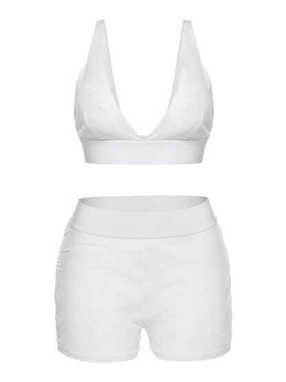 Mesh Sexy 2 Piece Set For Women Solid Patchwork Deep V-Neck Crop Tops+ Skinny High Waist See Through Shorts Outfits The Clothing Company Sydney