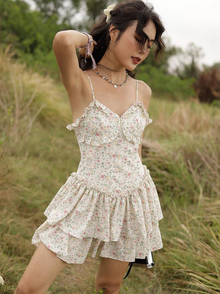 French Romantic Strap Floral Printing Summer Fashion Chic Ruffles Pleated Dress Mini Double Layer Dress The Clothing Company Sydney
