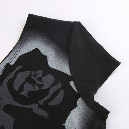 Asymmetrical Dark Academia Rose Printed Summer One Shoulder Grunge Gothic Clothes Tank Cropped Vintage Top The Clothing Company Sydney