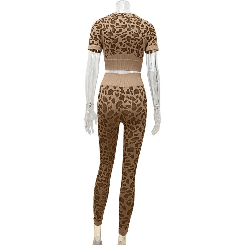 2 Piece Seamless Yoga Suit Women Fitness Suits Leopard Print Short Sleeve Crop Top Tight Hip Lift Pants Yoga Set  Women Sport Suits The Clothing Company Sydney