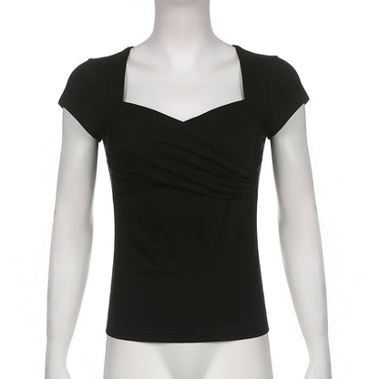 Y2K Cross Crop Top Folds Black Square Collar T Shirt Short Sleeve Square Collar Cute Chic Tee Grunge Tee Retro Top The Clothing Company Sydney