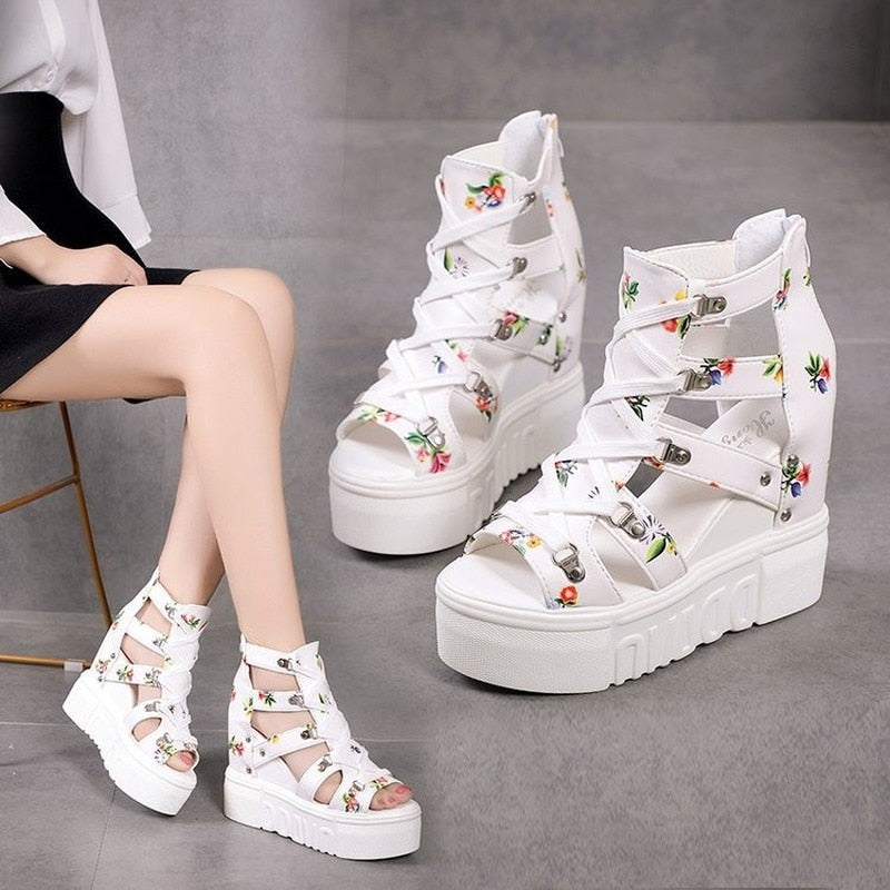 High-heeled Sandals Women's Summer Thick-bottomed Wedge Hollow Fish Mouth Roman Style Gladiator Casual Zipper Platform Shoe The Clothing Company Sydney