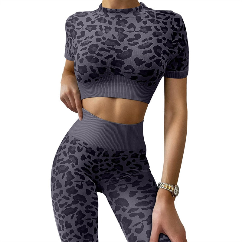 2 Piece Seamless Yoga Suit Women Fitness Suits Leopard Print Short Sleeve Crop Top Tight Hip Lift Pants Yoga Set  Women Sport Suits The Clothing Company Sydney