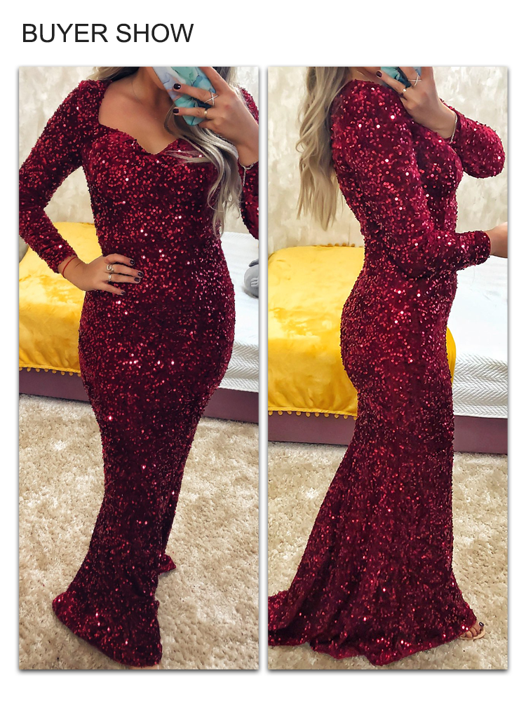 Luxury Long Sleeve Evening Gown Sequin Stretchy Velvet V Neck Mermaid Prom Floor Length Formal Cocktail Dress The Clothing Company Sydney