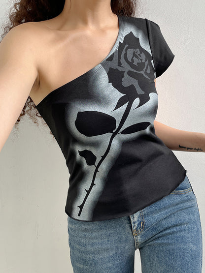 Asymmetrical Dark Academia Rose Printed Summer One Shoulder Grunge Gothic Clothes Tank Cropped Vintage Top The Clothing Company Sydney