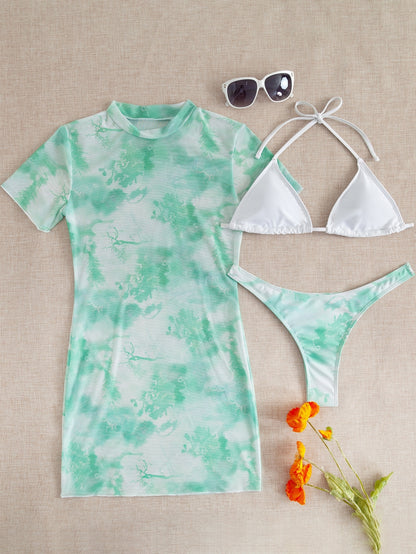 Slit Cuff Plunge Neck Three Piece Bikini Set with Cover Up Plain Swimsuit Women Swimwear Summer Beach Bathing Suit The Clothing Company Sydney