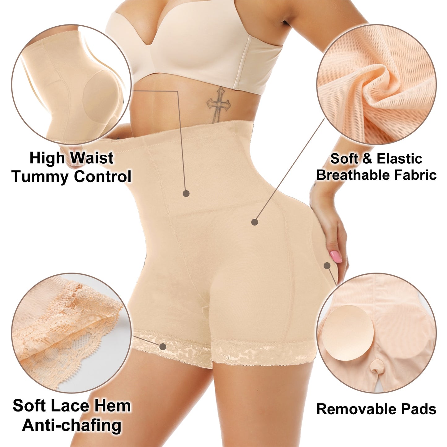 Women Butt Lifter High Waist Padded Hip Enhancer Underwear Seamless Lace  Body Shaper Firm Control Boyshorts