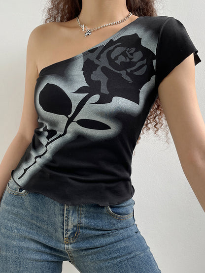 Asymmetrical Dark Academia Rose Printed Summer One Shoulder Grunge Gothic Clothes Tank Cropped Vintage Top The Clothing Company Sydney