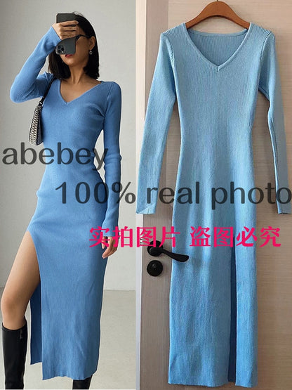 Long Sleeve slit sweater dress slim tight fitting hip knit over the knee dresses The Clothing Company Sydney