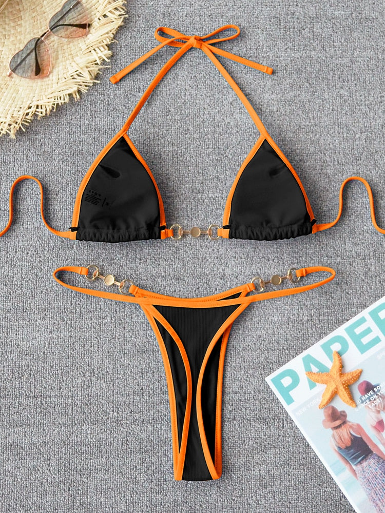 2 Piece Micro Bikini Chain Swimsuit Swimwear Ribbed Bikini Set Brazilian Bathing Suit Beach Wear Bather Bikini Set The Clothing Company Sydney