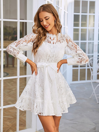 White lace party dress long sleeves ribbon hollow out midi Elegant wedding dresses - The Clothing Company Sydney