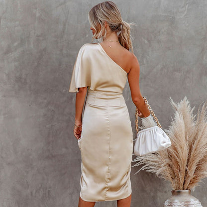 Satin One Shoulder Irregular Hem Midi Dress Solid Champagne Fitted Club Party Bodycon Dress Summer Dress The Clothing Company Sydney