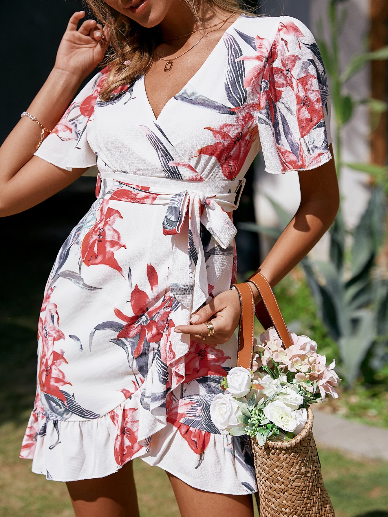 Elegant v-neck flare sleeve leopard print summer Ruffle floral sheath mini dress Holiday pink office Dress The Clothing Company Sydney