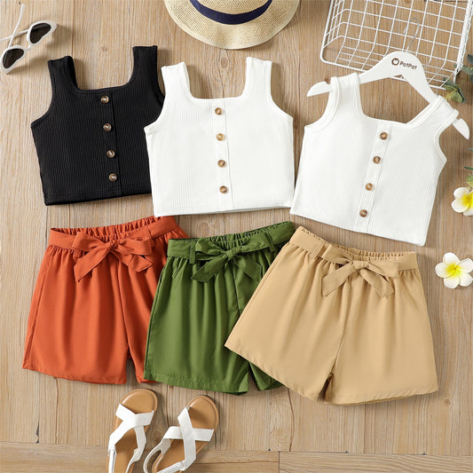 2 Piece Kids Girls' Button Ribbed Tank Top and Belted Shorts Set The Clothing Company Sydney