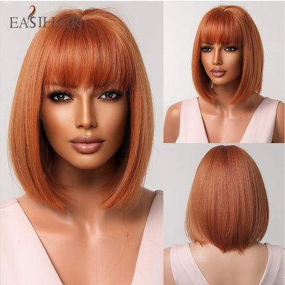 Short Straight Bob Wigs with Bang Golden Brown Natural Synthetic Hair for Women Daily Cosplay Heat Resistant Fiber Wigs The Clothing Company Sydney