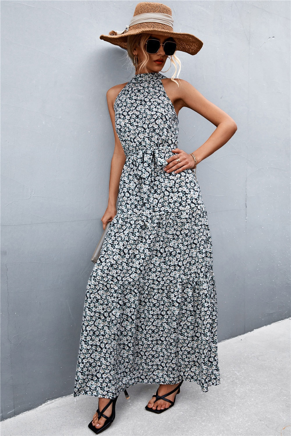 Summer Holiday Flower Printed Folds Blue Dress Beach Casual Neck-mounted Bandage Elegant Party Long Dress The Clothing Company Sydney