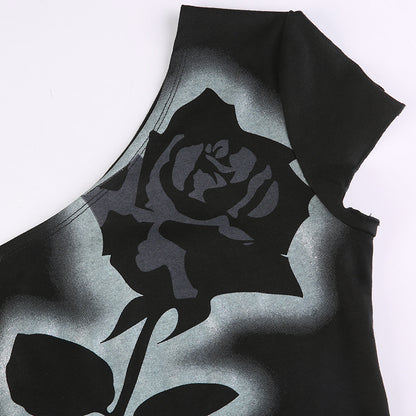 Asymmetrical Dark Academia Rose Printed Summer One Shoulder Grunge Gothic Clothes Tank Cropped Vintage Top The Clothing Company Sydney
