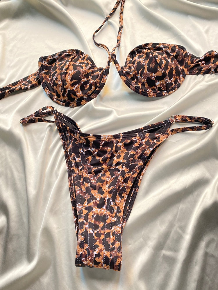 2 Piece Leopard Swimwear Bikinis Patchwork Swimsuit Bathing Suit Print Bikini Sets Solid Beachwear The Clothing Company Sydney