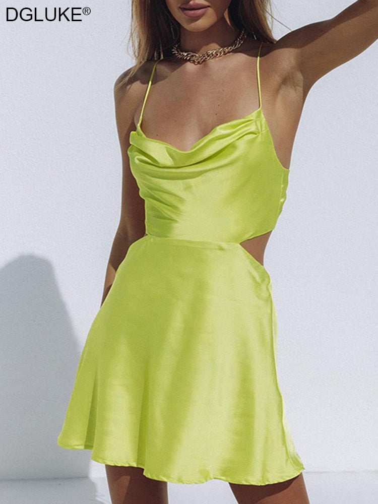 Spaghetti Strap Backless Satin Cut Out Mini Summer Dresses Elegant Cowl Neck Party Dress in Green Black The Clothing Company Sydney