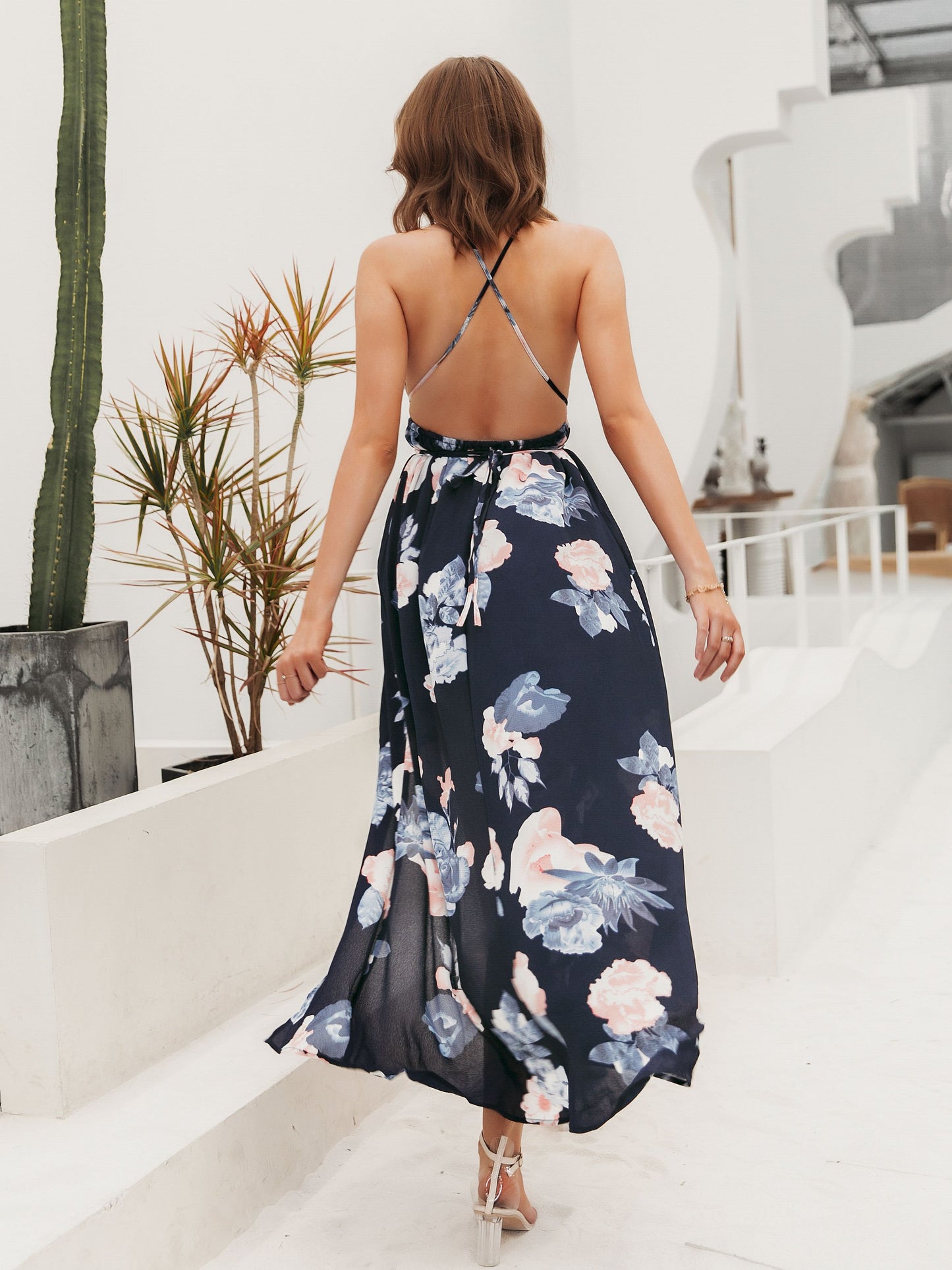 Holiday print straps backless summer party dress women High waist lace up split maxi dresses V-neck beach Dress The Clothing Company Sydney