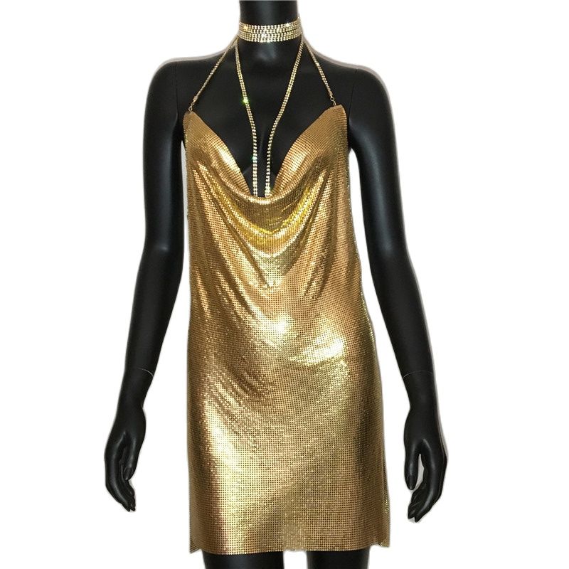 Gold Sequined Patchwork Mini Dress Women Sleeveless Low Cut Metal Chains Halter Slim Charming Nightclub Party Dresses The Clothing Company Sydney