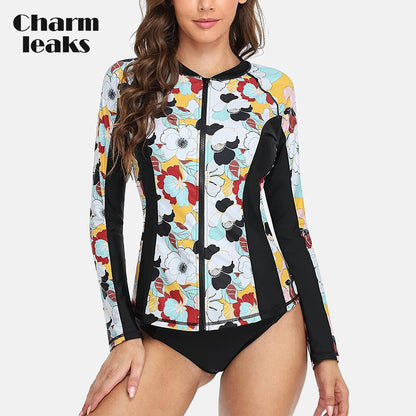 Women's Long Sleeve Zipper Rashguard Swimsuit Floral Print Swimwear Surfing Top Rash Guard Running Shirts UPF50+ The Clothing Company Sydney