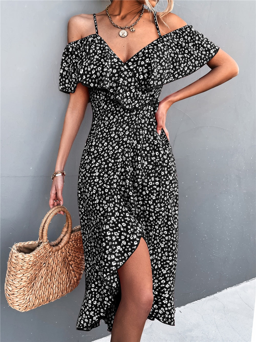 Summer Straps Midi Dress Beach Casual Party Off Shoulder Slim Ruffles Floral Print Dresses The Clothing Company Sydney