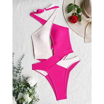 Cut Out Swimsuit One Piece Colorblock Swimwear Wrap Halter Monokini High Cut Bathing Suit Bodysuit Beachwear The Clothing Company Sydney