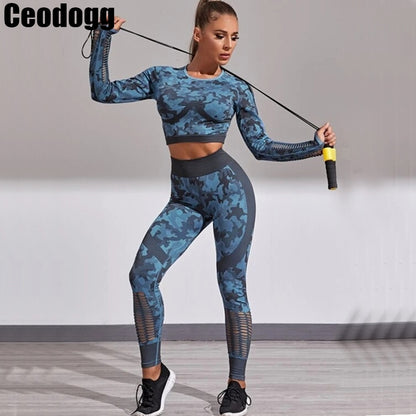2PCS Camouflage Set Women Yoga Suit Sport Set Gym Workout Clothes Long Sleeve Fitness Crop Top High Waist Seamless Camo Leggings The Clothing Company Sydney