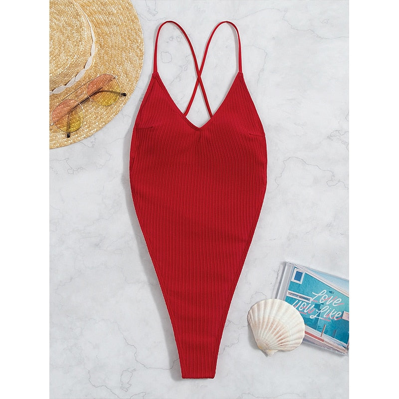 One-Piece Thong Swimsuit High Cut Backless Monokini Solid Whole Swimwear Ribbed Bikini Bathing Suit The Clothing Company Sydney