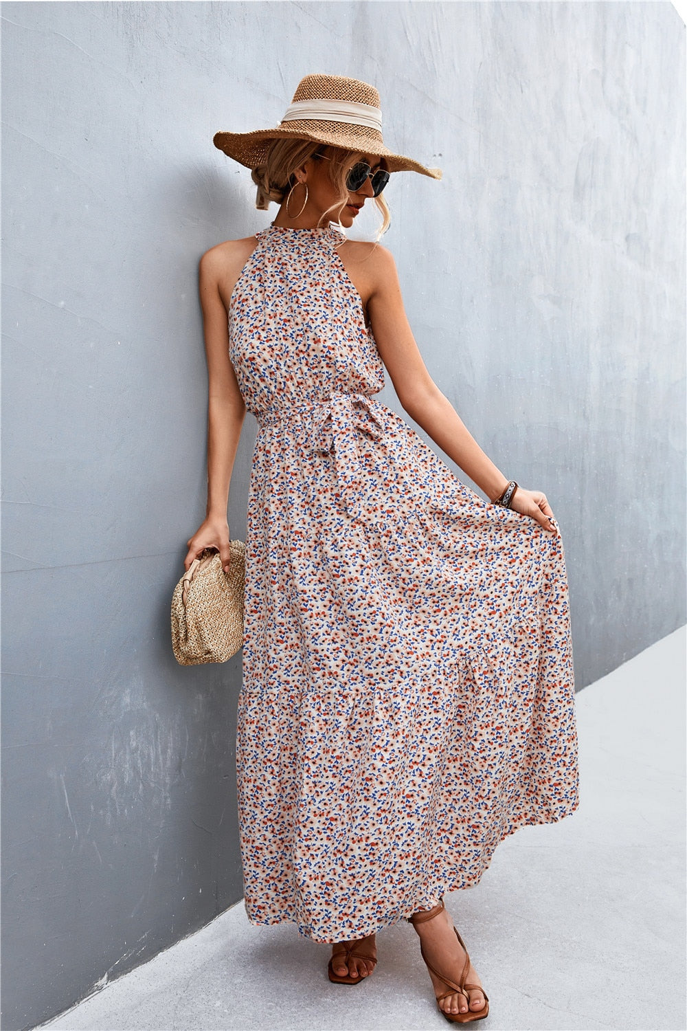 Summer Holiday Flower Printed Folds Blue Dress Beach Casual Neck-mounted Bandage Elegant Party Long Dress The Clothing Company Sydney